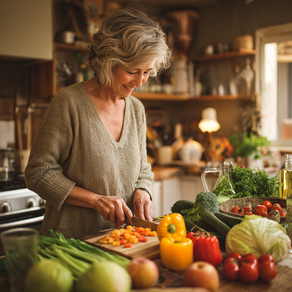 mature woman preparing healthy meal with fresh vegetables and fruits