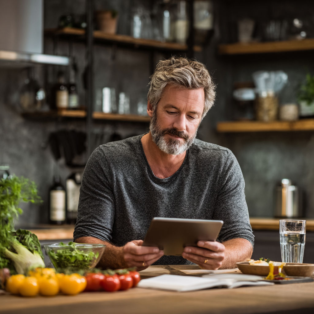 middle-aged man reviewing personalized meal plan on tablet while sitting in modern kitchen