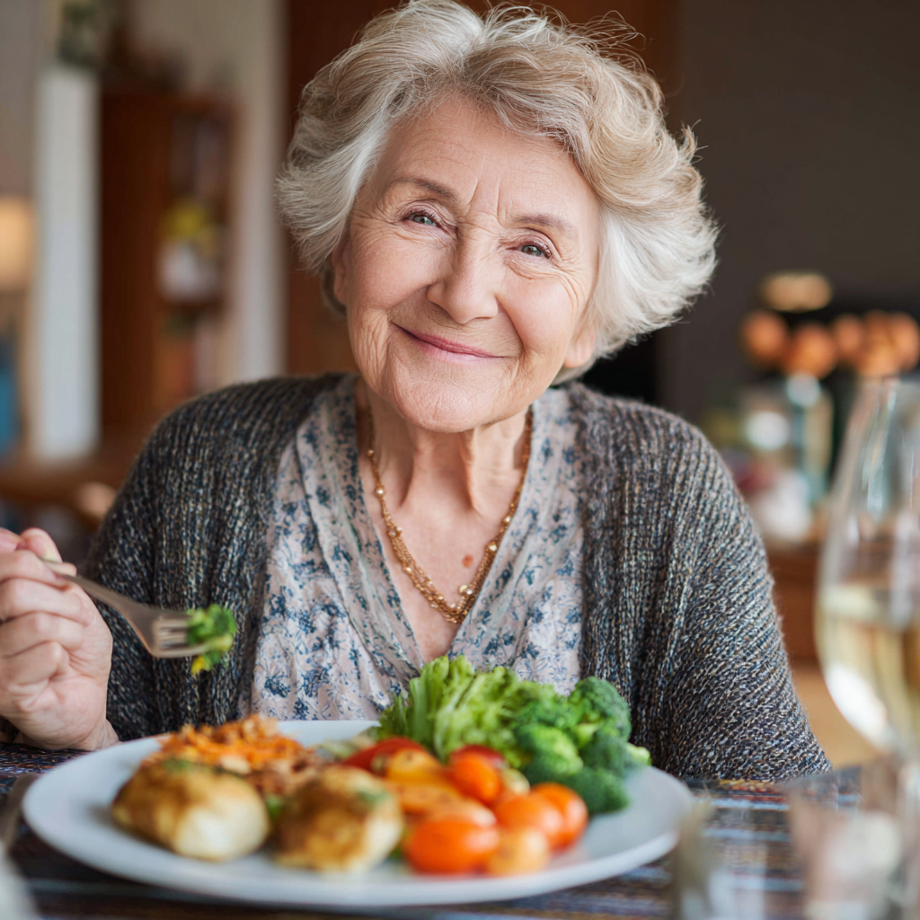 senior woman enjoying healthy colorful meal at dining table with satisfied expression